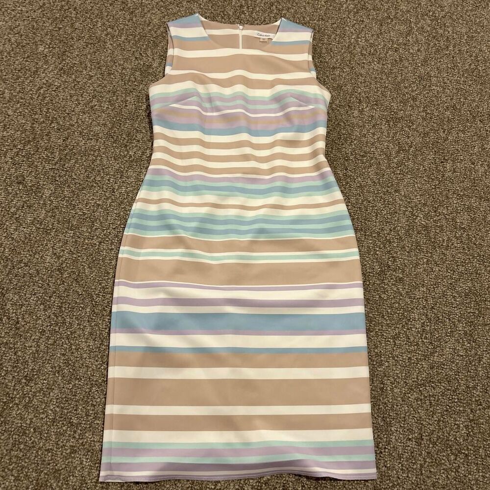 Sleeveless Striped Sheath Dress in Beige and Pastel Stripes